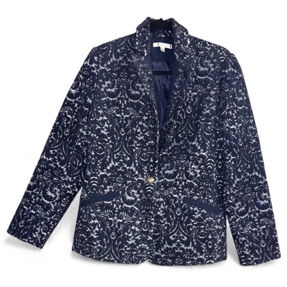 CAbi Dark Blue Jacquard Wool Blend Blazer